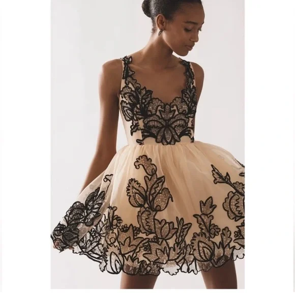 Maeve Nude Tulle Mini Dress with Black Floral Appliqué - Picture 3 of 10